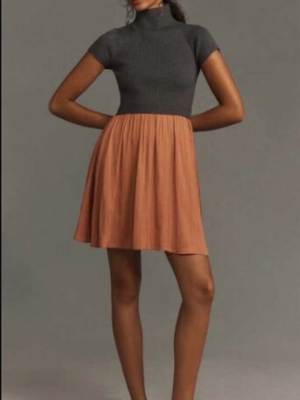 Anthropologie Thea Twofer dress grey ribbed pink pleated mini